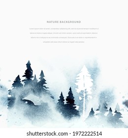 Watercolor winter vector template in blue and white colors. Сoniferous forest and abstract watercolor vector splashes. Watercolor design for flyer, gift card, invitation card, banner