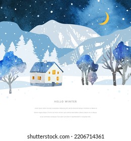 Watercolor winter vector template in blue and white colors. Forest, mountains, cozy house and abstract watercolor vector splashes. Hand drawn illustration with place for text