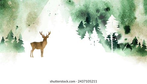 Watercolor winter vector template in blue and white colors. Сoniferous forest, mountain and abstract watercolor vector splashes. Hand drawn frame with place for text