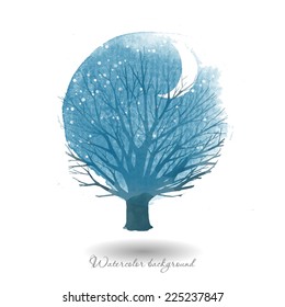 Watercolor winter vector tree with snow and moon