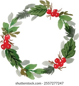 watercolor winter wreath leaf, branch and berry 