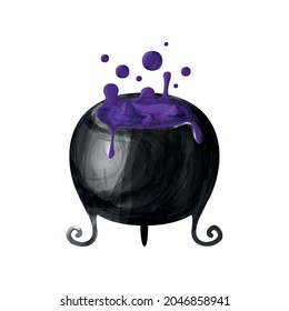 Watercolor witch black pot with purple poison or potion