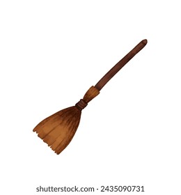 Watercolor witch broom for flying isolated on a white background, traditional Halloween symbol.