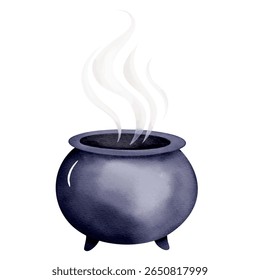 Watercolor witch cauldron with steaming potion for magical and mystical illustration