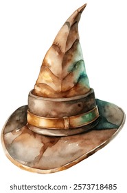 Watercolor witch hat, vintage style, artistic illustration, fantasy theme, creative design, Halloween accessory.