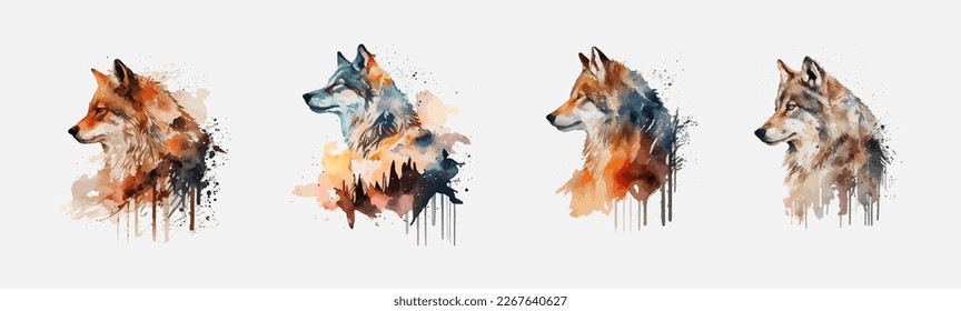 Watercolor wolf on a white background. Beautiful noble wolf. Sketch, color portrait of a wolf head on a white background with splashes of watercolor. Set of watercolor wolves. Ideal for postcard.