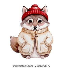 Watercolor wolf in winter clothes. Illustration with hand drawn baby wolf. Cute animals in warm clothes. 