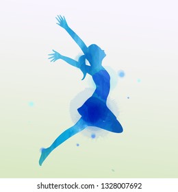 Watercolor of  woman jumping into the air isolated on white background.  Vector illustration