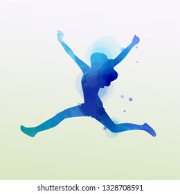 Watercolor of  woman jumping into the air isolated on white background.  Vector illustration