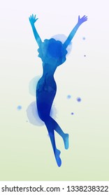 Watercolor of  woman jumping into the air isolated on white background.  Vector illustration