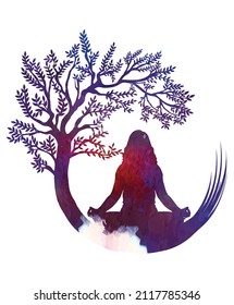 Watercolor Woman meditation with round tree vector  for T-Shirt Design , Poster, Mug, calendar, book cover. meditation with tree silhouette. 