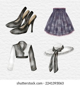 watercolor woman outfit fashion collection set