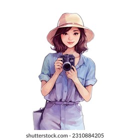 Watercolor Woman Traveler Carry Camera Wearing Blue Shirt And Pants Shoulder Hair In Brown Travel Hat