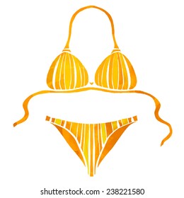 Watercolor women orange beach swimsuit with striped pattern, bikini closeup isolated on white background 