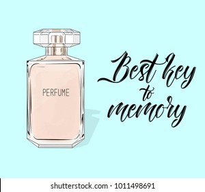 Watercolor women's perfume bottle in vector. Eau de parfum poster isolated on blue background. Best key to memory. Beauty fragrance liquid product. Aroma gift. Best present for woman.