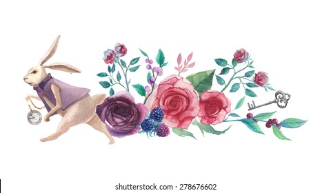Watercolor wonderland banner  Hand drawn vintage art work and white rabbit  roses  silver key   berry branch  Vector floral illustration isolated white background