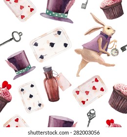 Watercolor wonderland seamless pattern. Hand drawn vintage wallpaper with white rabbit, little old bottle, silver key, cylinder hat, playing cards and cupcake with heart. Vector fairy tale background