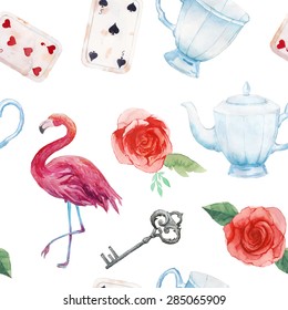 Watercolor wonderland seamless pattern  Hand drawn vintage wallpaper and flamingo  playing cards  old silver key  tea cup   teapot  white   red roses  Vector fairy tale  background
