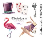 Watercolor wonderland set. Hand drawn vintage art work with white rabbit, playing cards, silver key, cylinder hat and flamingo. Vector fairy tale illustrations isolated on white background