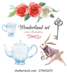 Watercolor wonderland set  Hand drawn vintage art work and white rabbit  roses  silver key teapot   cup  Vector fairy tale illustrations isolated white background