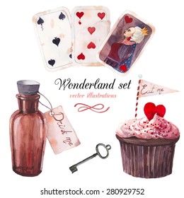 Watercolor wonderland set. Hand drawn vintage art work with eat me cupcake, playing cards, old silver key, drink me bottle. Vector fairy tale illustrations isolated on white background