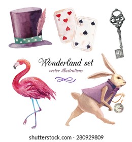 Watercolor wonderland set. Hand drawn vintage art work with white rabbit, playing cards, silver key, cylinder hat and flamingo. Vector fairy tale illustrations isolated on white background