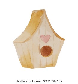 Watercolor wood birdhouse with heart. Spring decoration. Vector illustration