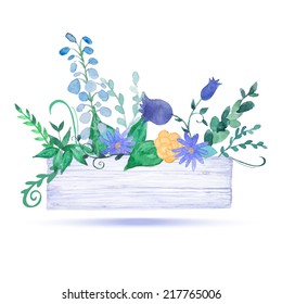 Watercolor wood box with flowers. Vintage hand drawn vector illustration.