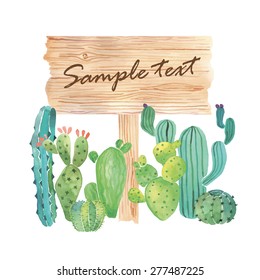 Watercolor wood nameplate with cactus