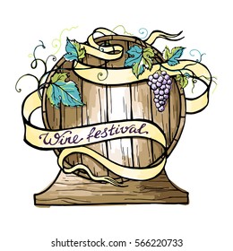 Watercolor wooden barrel wrapped in ribbon in graphic style hand-drawn vector illustration