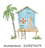 Watercolor wooden blue bungalow. Hand-drawn illustration isolated on the white background