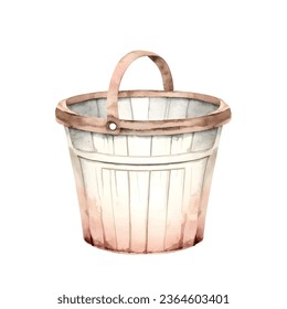 Watercolor wooden bucket in vintage style, cut out. Vector