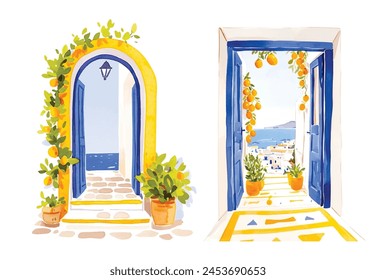 Watercolor wooden door entwined with flowers. Cute image suitable for cards, invitations, weddings, fabric making cozy door with flowers on white background,