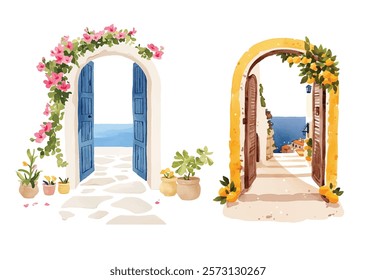 Watercolor wooden door entwined with flowers. Cute image suitable for cards, invitations, weddings, fabric making cozy door with flowers on white background