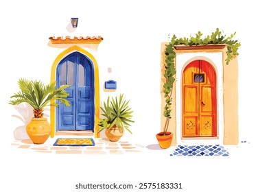 Watercolor wooden door entwined with flowers. Cute image suitable for cards, invitations, weddings, fabric making cozy door with flowers on white background