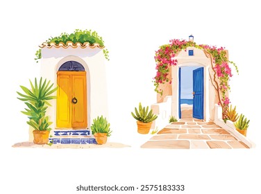 Watercolor wooden door entwined with flowers. Cute image suitable for cards, invitations, weddings, fabric making cozy door with flowers on white background