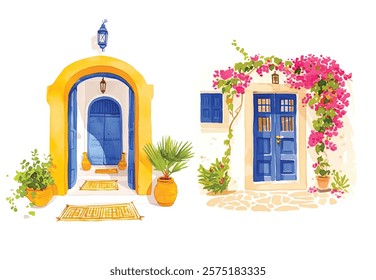 Watercolor wooden door entwined with flowers. Cute image suitable for cards, invitations, weddings, fabric making cozy door with flowers on white background