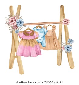 watercolor Wooden Scandinavian kids' clothes rack, clothing rack with flowers around it