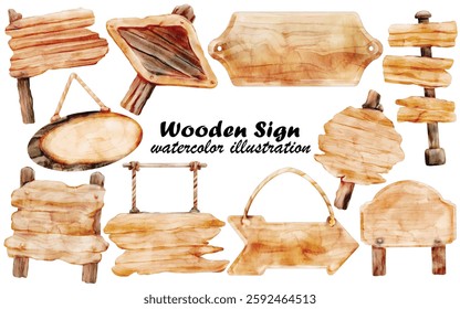 Watercolor Wooden Sign Illustration Set - Hand-Painted, Rustic, Vintage - Blank Wood Signs, Hanging Signs, Directional Arrows, Old Wood Planks, Vector Illustration