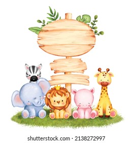 Watercolor Wooden sign and safari animals 