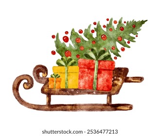 Watercolor wooden sled with Christmas tree and wrapped gifts during the festive season