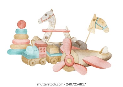 Watercolor wooden toys for infant baby. Rocking horse, pyramide and plane from eco natural material for child kid development