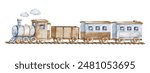 Watercolor Wooden Train Toys, Baby game wooden retro trains. Clipart for greeting card, baby shower, invitation, birthday