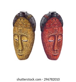 Watercolor Wooden Tribal Mask, isolated on white background. African Mask with eyes half-closed, symbolizing peaceful attitude & patience. Vector Element for your design. Hand drawn illustration.