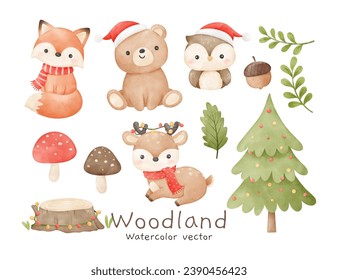 Watercolor woodland animal christmas Bear Owl Fox Deer Perfect for invitation card Poster Template For winter New year