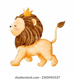 Watercolor of woodland animal with Lion wearing a golden crown for Baby Nursery Decor Vector