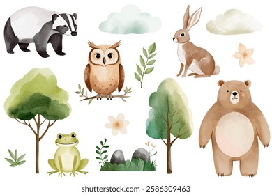 Aquarela animais da floresta. Conjunto de animais silvestres desenhados à mão. Coruja, urso, coelho, rã, texugo