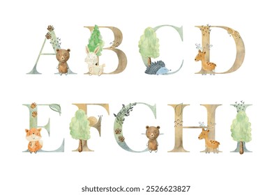 Watercolor woodland animals vector letters for invitation card, nursery poster and other.
