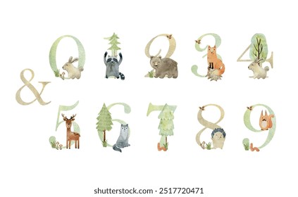 Watercolor woodland animals vector numbers for invitation card, nursery poster and other.