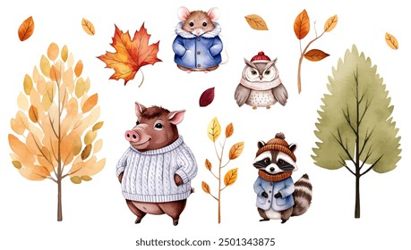 Watercolor woodland animals in warm clothes. Autumn forest. Autumnal trees and plants. Mouse, raccoon, boar, owl